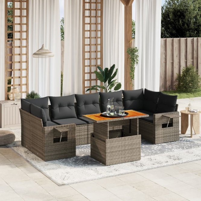 8-tlg. Garten-Sofagarnitur mit Kissen Schwarz Poly Rattan