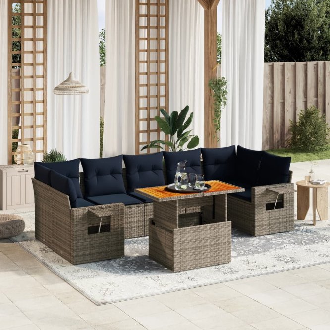 8-tlg. Garten-Sofagarnitur mit Kissen Schwarz Poly Rattan