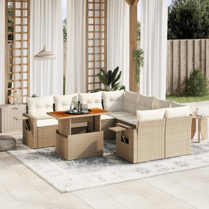 9-tlg. Garten-Sofagarnitur mit Kissen Schwarz Poly Rattan