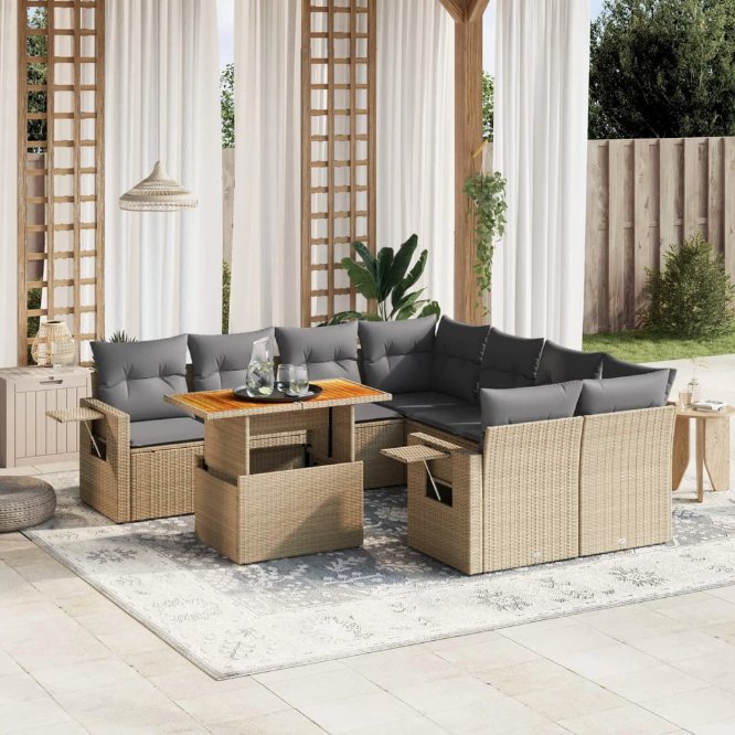 9-tlg. Garten-Sofagarnitur mit Kissen Schwarz Poly Rattan