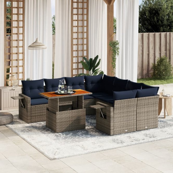 9-tlg. Garten-Sofagarnitur mit Kissen Schwarz Poly Rattan