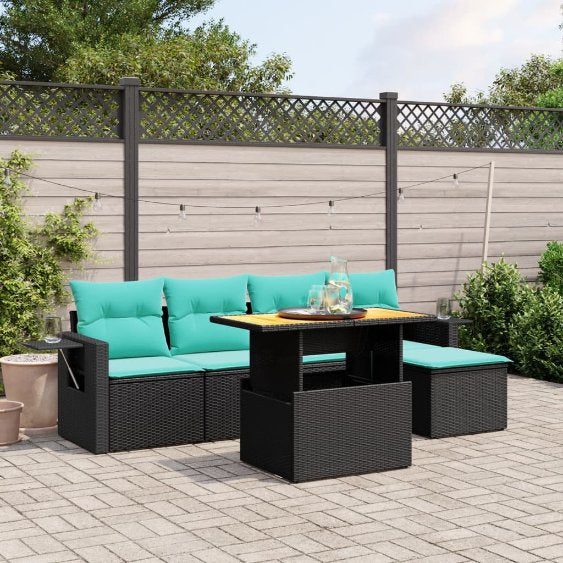6-tlg. Garten-Sofagarnitur mit Kissen Schwarz Poly Rattan