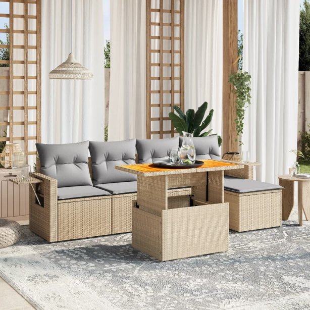 6-tlg. Garten-Sofagarnitur mit Kissen Schwarz Poly Rattan