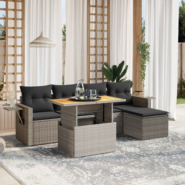 6-tlg. Garten-Sofagarnitur mit Kissen Schwarz Poly Rattan