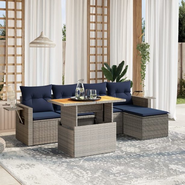 6-tlg. Garten-Sofagarnitur mit Kissen Schwarz Poly Rattan