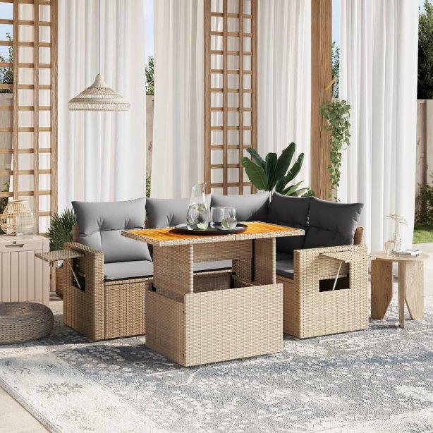 5-tlg. Garten-Sofagarnitur mit Kissen Schwarz Poly Rattan