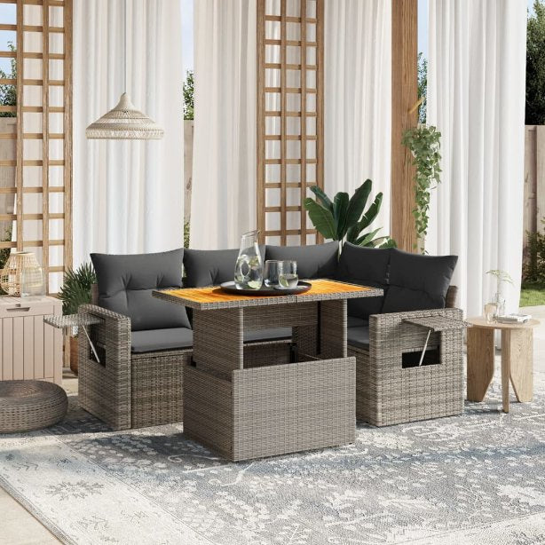 5-tlg. Garten-Sofagarnitur mit Kissen Schwarz Poly Rattan