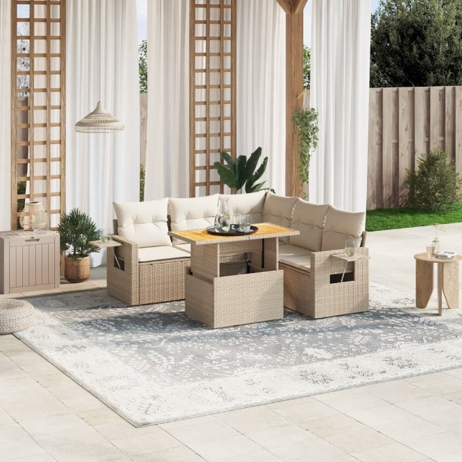 6-tlg. Garten-Sofagarnitur mit Kissen Schwarz Poly Rattan
