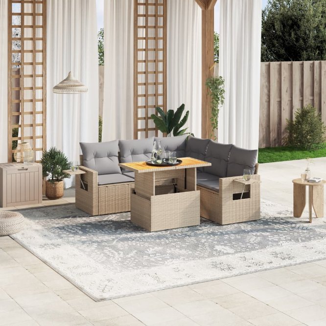 6-tlg. Garten-Sofagarnitur mit Kissen Schwarz Poly Rattan