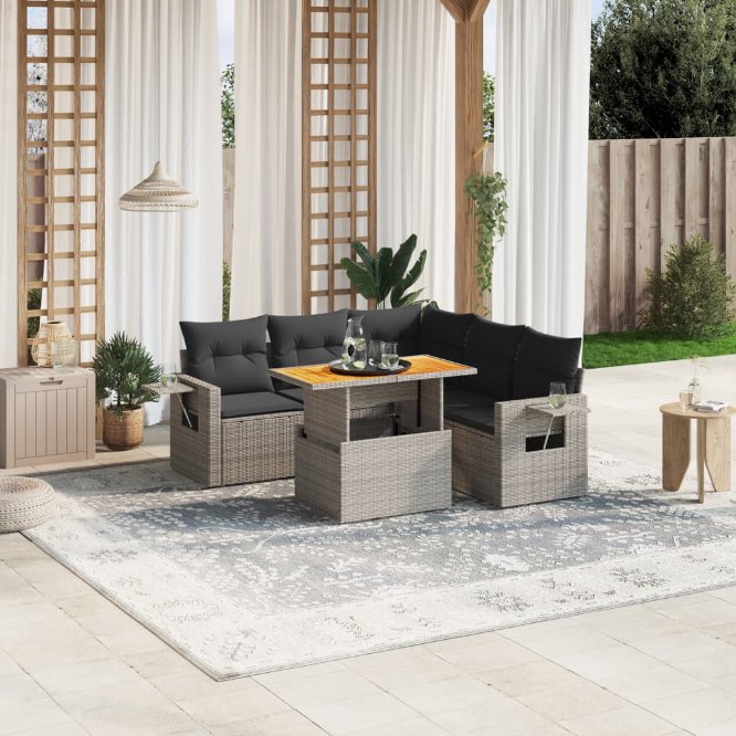 6-tlg. Garten-Sofagarnitur mit Kissen Schwarz Poly Rattan