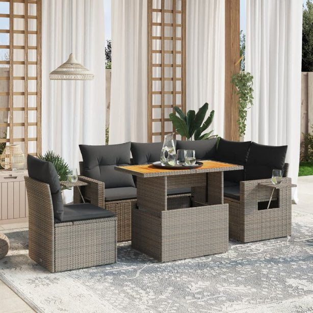 6-tlg. Garten-Sofagarnitur mit Kissen Schwarz Poly Rattan