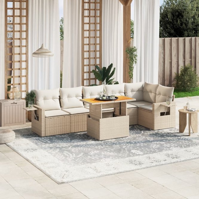 7-tlg. Garten-Sofagarnitur mit Kissen Schwarz Poly Rattan