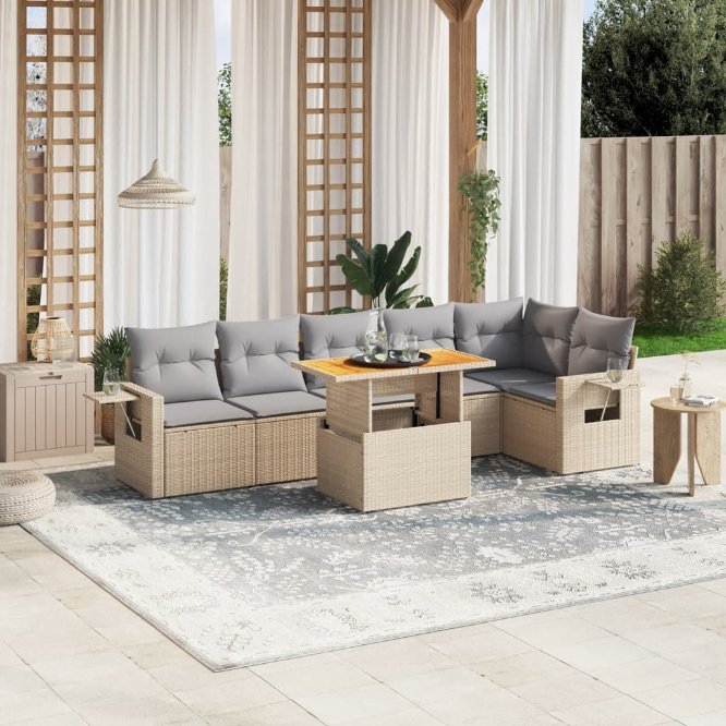 7-tlg. Garten-Sofagarnitur mit Kissen Schwarz Poly Rattan