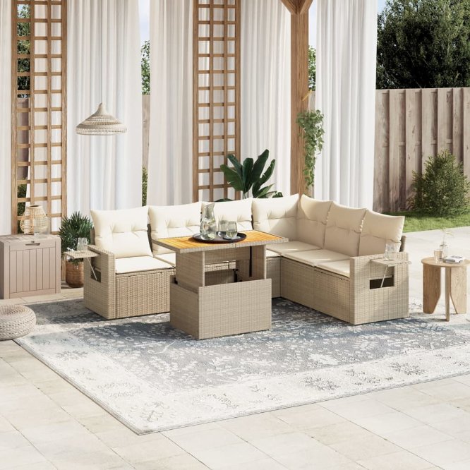 7-tlg. Garten-Sofagarnitur mit Kissen Schwarz Poly Rattan