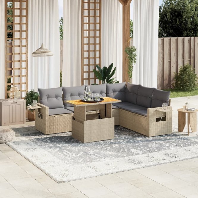 7-tlg. Garten-Sofagarnitur mit Kissen Schwarz Poly Rattan