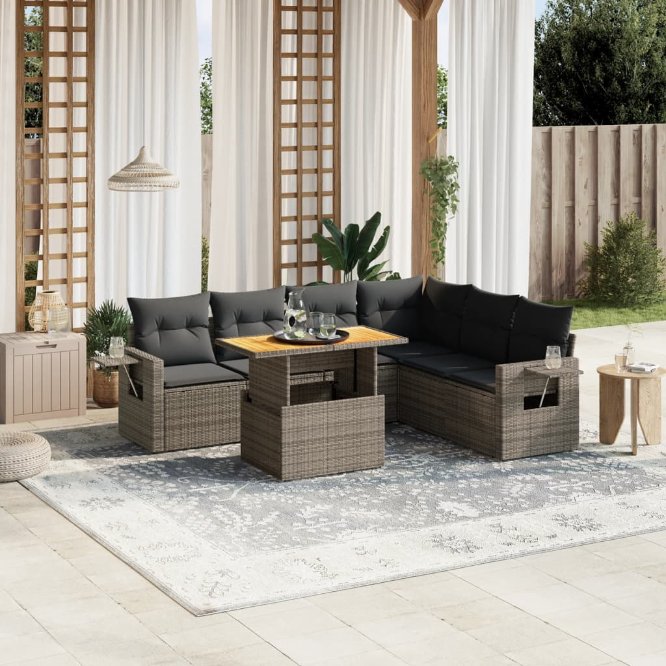 7-tlg. Garten-Sofagarnitur mit Kissen Schwarz Poly Rattan