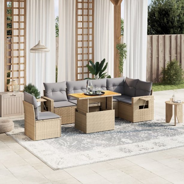 7-tlg. Garten-Sofagarnitur mit Kissen Schwarz Poly Rattan