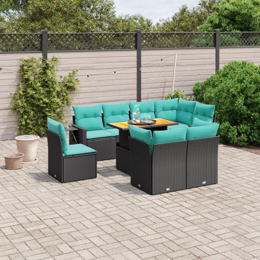 9-tlg. Garten-Sofagarnitur mit Kissen Schwarz Poly Rattan