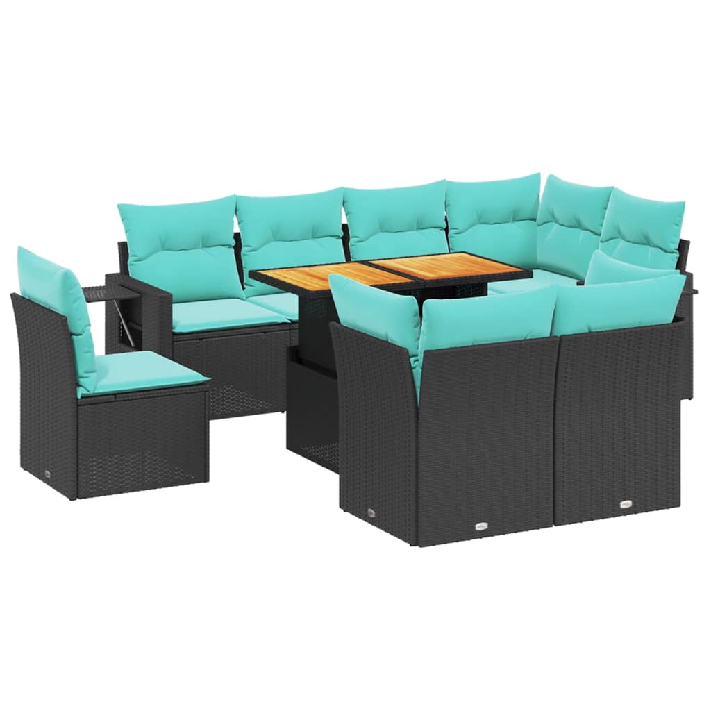 9-tlg. Garten-Sofagarnitur mit Kissen Schwarz Poly Rattan