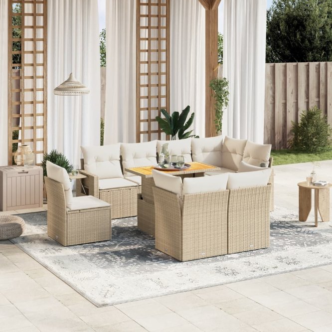 9-tlg. Garten-Sofagarnitur mit Kissen Schwarz Poly Rattan