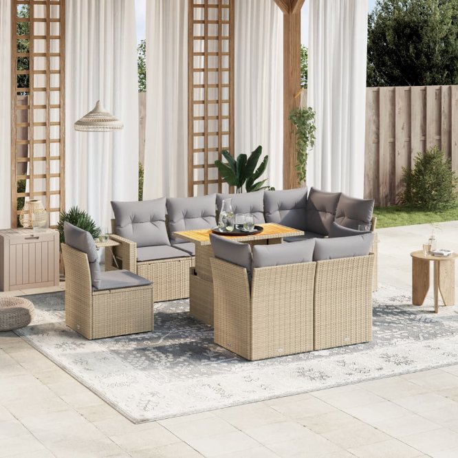 9-tlg. Garten-Sofagarnitur mit Kissen Schwarz Poly Rattan