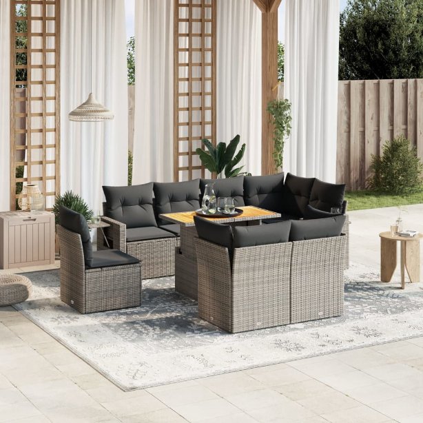 9-tlg. Garten-Sofagarnitur mit Kissen Schwarz Poly Rattan