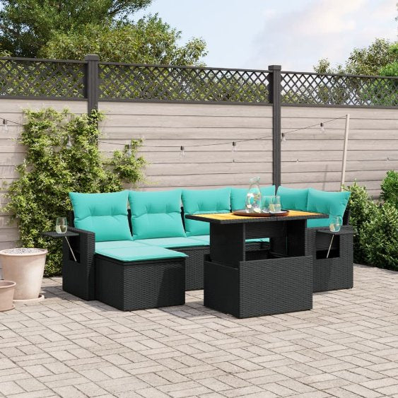 7-tlg. Garten-Sofagarnitur mit Kissen Schwarz Poly Rattan