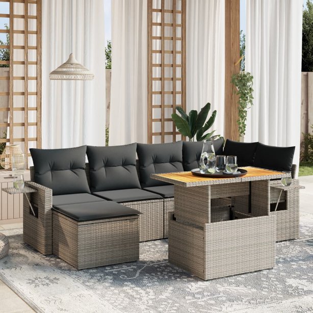 7-tlg. Garten-Sofagarnitur mit Kissen Schwarz Poly Rattan