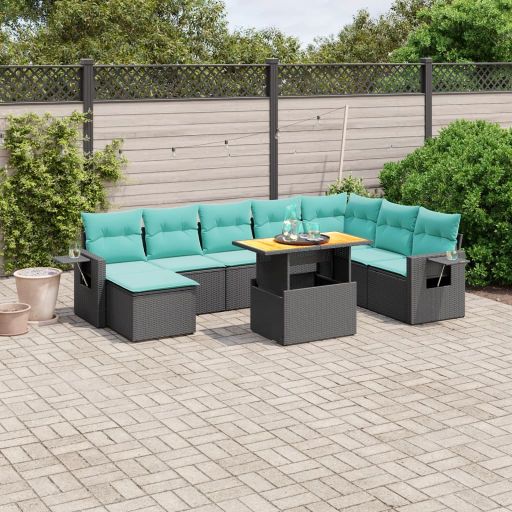 9-tlg. Garten-Sofagarnitur mit Kissen Schwarz Poly Rattan