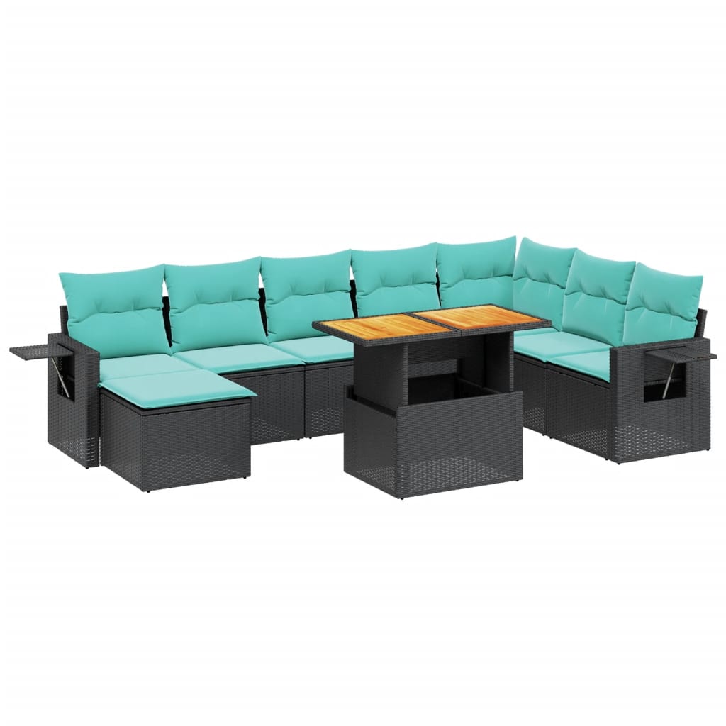 9-tlg. Garten-Sofagarnitur mit Kissen Schwarz Poly Rattan