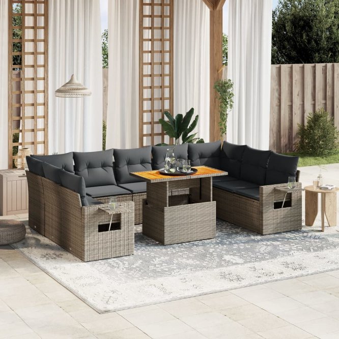 vidaXL 10-tlg. Garten-Sofagarnitur mit Kissen Schwarz Poly Rattan