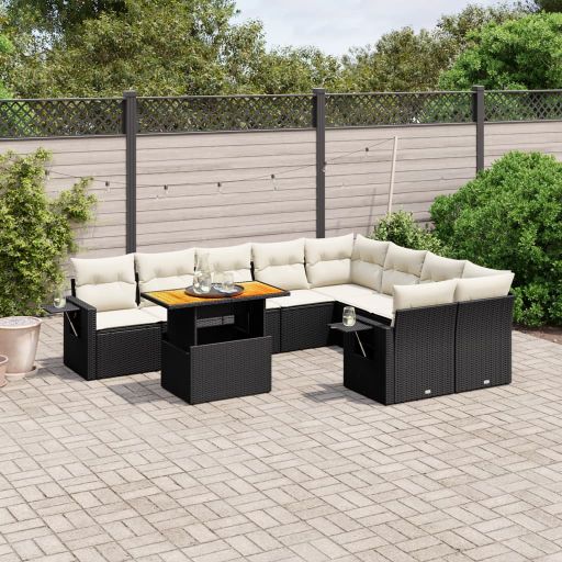 vidaXL 10-tlg. Garten-Sofagarnitur mit Kissen Schwarz Poly Rattan