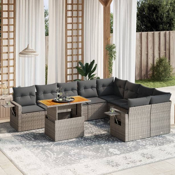 vidaXL 10-tlg. Garten-Sofagarnitur mit Kissen Schwarz Poly Rattan