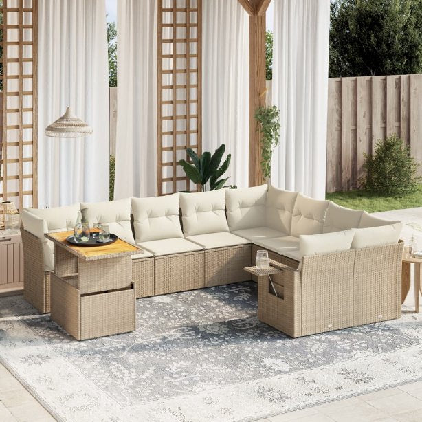 vidaXL 10-tlg. Garten-Sofagarnitur mit Kissen Schwarz Poly Rattan