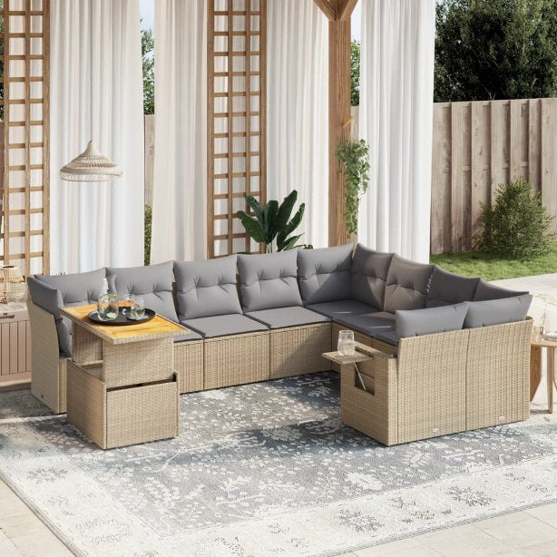 vidaXL 10-tlg. Garten-Sofagarnitur mit Kissen Schwarz Poly Rattan