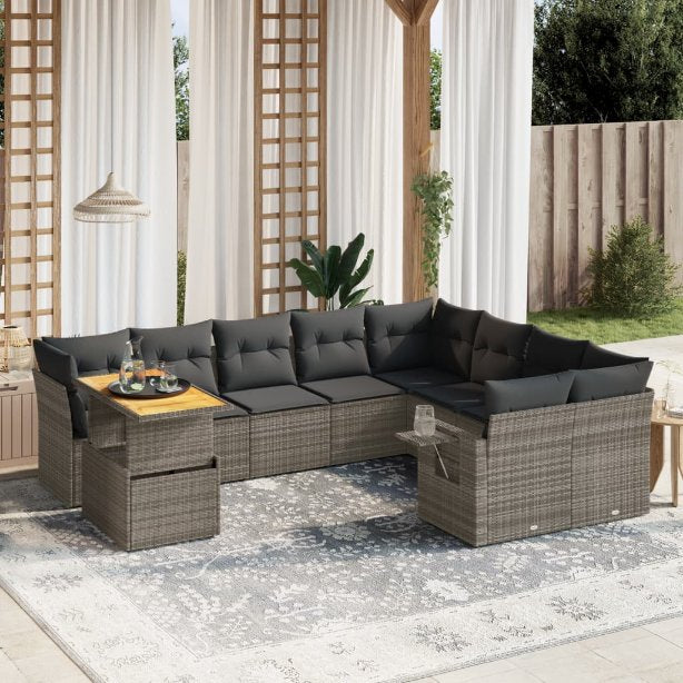 vidaXL 10-tlg. Garten-Sofagarnitur mit Kissen Schwarz Poly Rattan