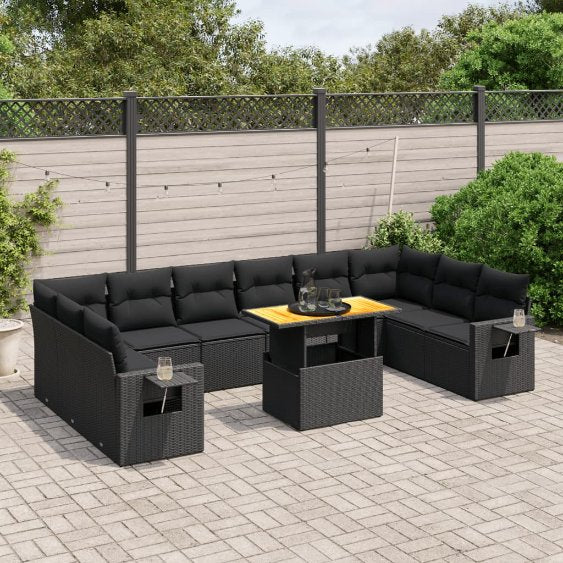 vidaXL 11-tlg. Garten-Sofagarnitur mit Kissen Schwarz Poly Rattan