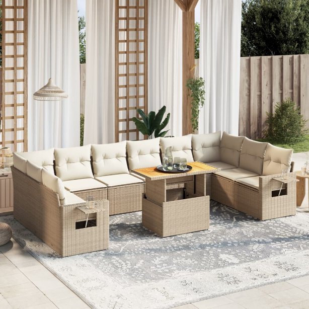 vidaXL 11-tlg. Garten-Sofagarnitur mit Kissen Schwarz Poly Rattan
