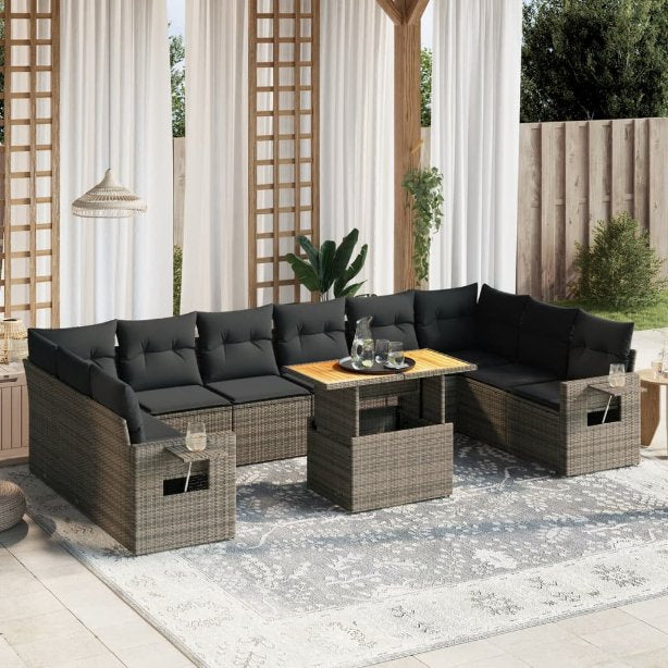 vidaXL 11-tlg. Garten-Sofagarnitur mit Kissen Schwarz Poly Rattan