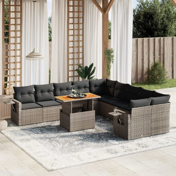 vidaXL 11-tlg. Garten-Sofagarnitur mit Kissen Schwarz Poly Rattan
