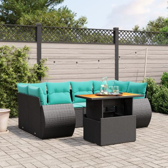 7-tlg. Garten-Sofagarnitur mit Kissen Schwarz Poly Rattan