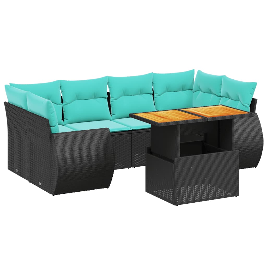 7-tlg. Garten-Sofagarnitur mit Kissen Schwarz Poly Rattan