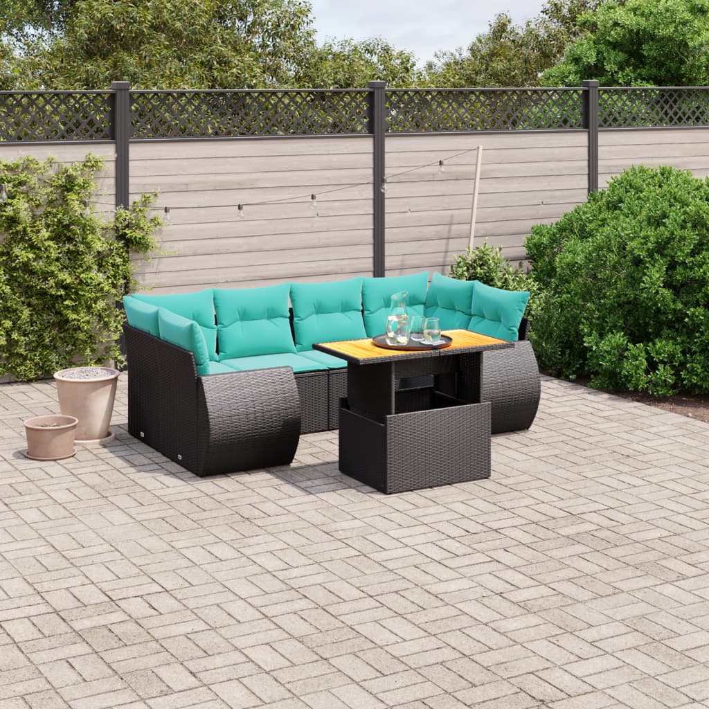7-tlg. Garten-Sofagarnitur mit Kissen Schwarz Poly Rattan
