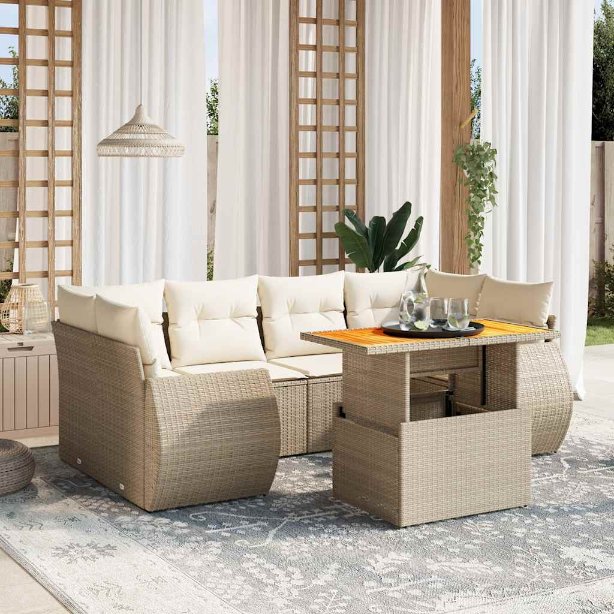 7-tlg. Garten-Sofagarnitur mit Kissen Schwarz Poly Rattan