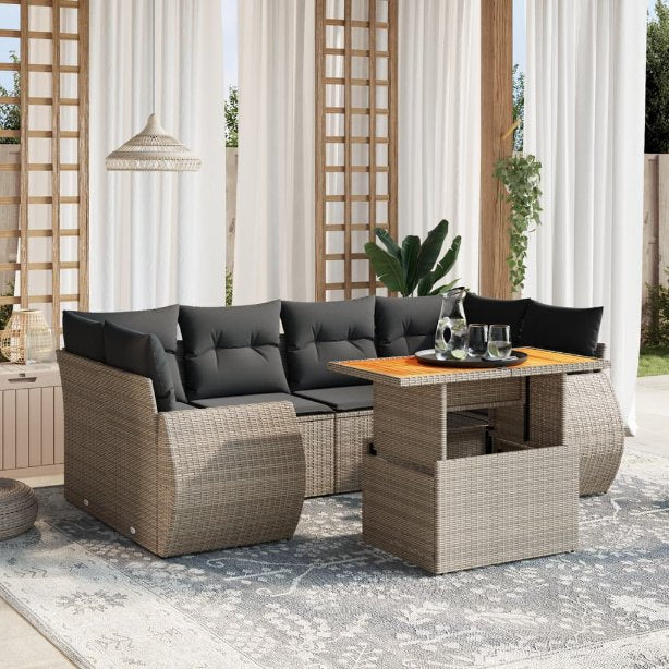 7-tlg. Garten-Sofagarnitur mit Kissen Schwarz Poly Rattan