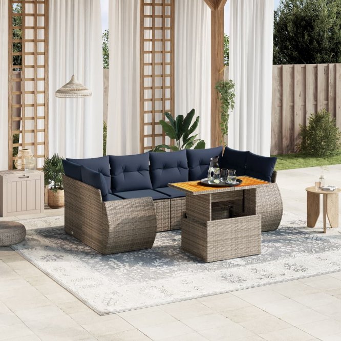 7-tlg. Garten-Sofagarnitur mit Kissen Schwarz Poly Rattan