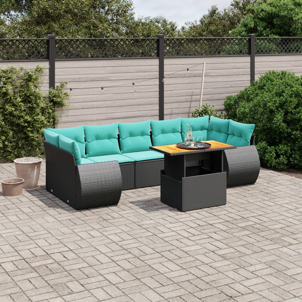 8-tlg. Garten-Sofagarnitur mit Kissen Schwarz Poly Rattan