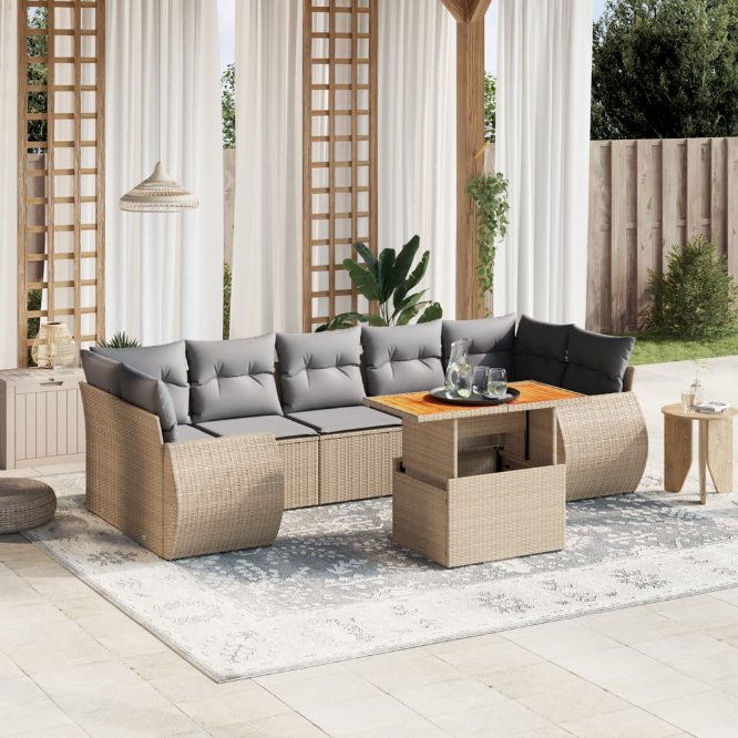 8-tlg. Garten-Sofagarnitur mit Kissen Schwarz Poly Rattan