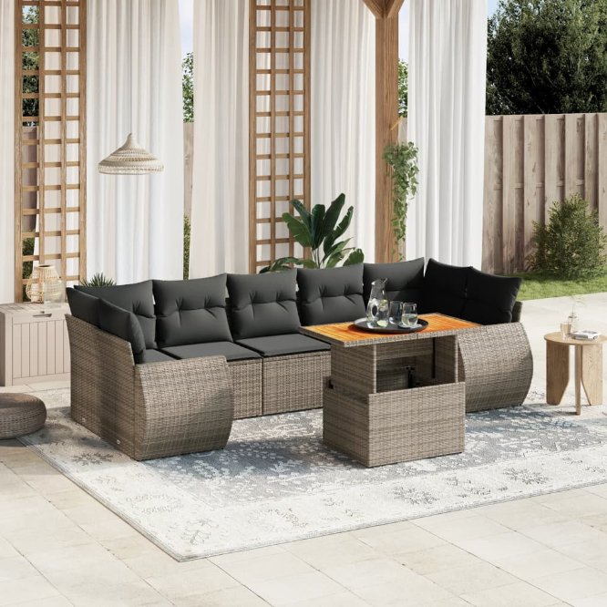 8-tlg. Garten-Sofagarnitur mit Kissen Schwarz Poly Rattan