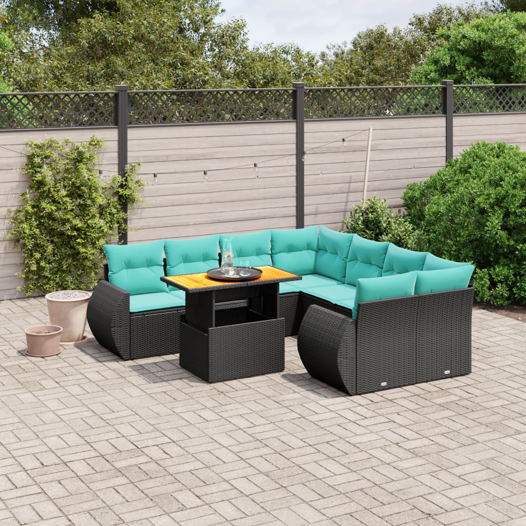 9-tlg. Garten-Sofagarnitur mit Kissen Schwarz Poly Rattan